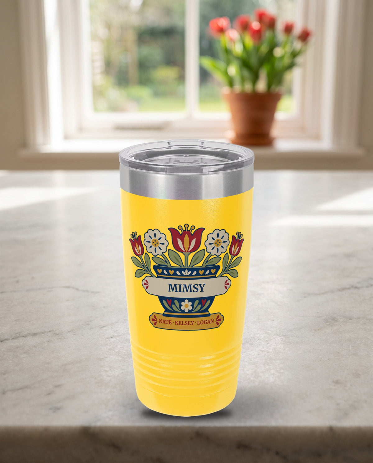 Tulip Pot, a folk flower pot in navy, red, cream, gold and sage, UV printed on the front of a 20oz Ringneck tumbler in Yellow, sample name MIMSY