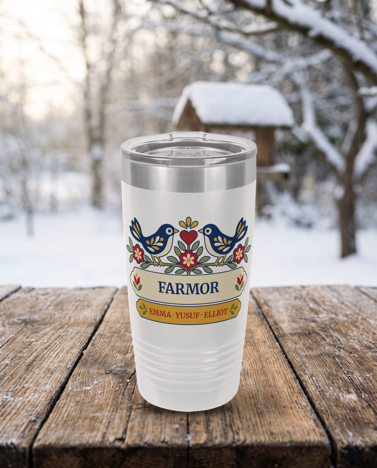 Bluebird Pair, facing bluebirds and folk flowers in navy, red, cream, gold and sage, UV printed on the front of a 20oz Ringneck tumbler in White, sample name FARMOR