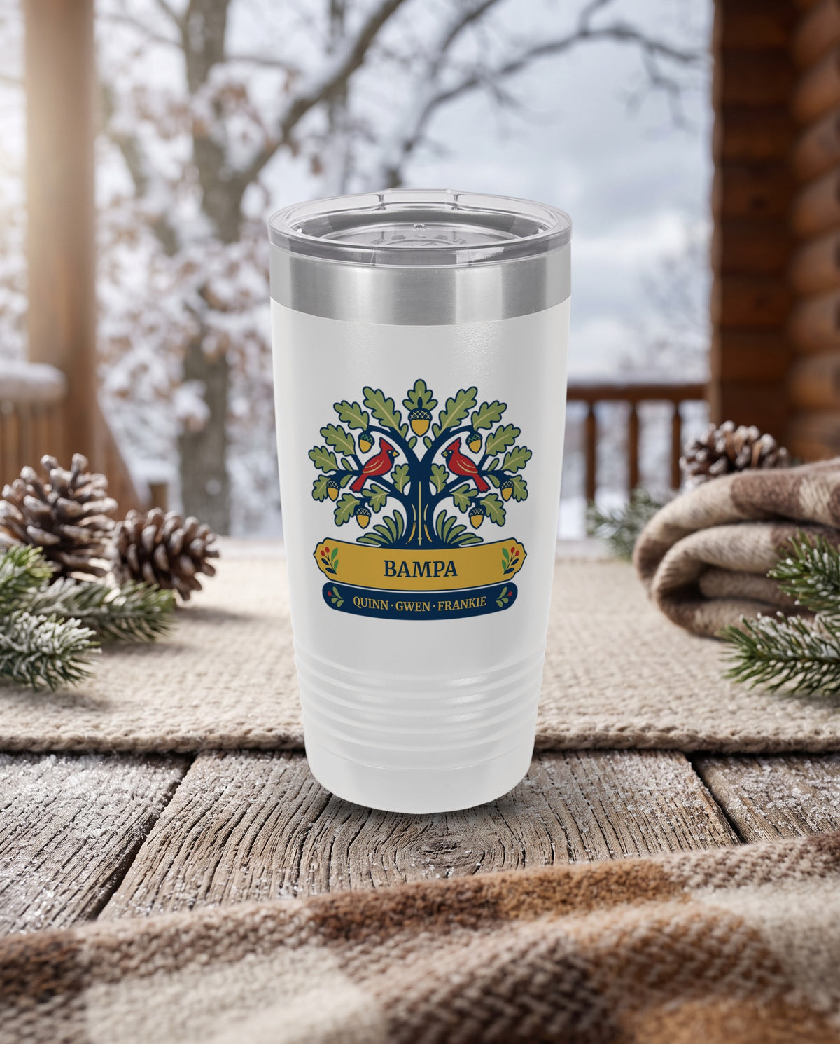 Cardinal Oak, an oak tree with cardinals in navy, red, gold and sage, UV printed on the front of a 20oz Ringneck tumbler in White, sample name BAMPA