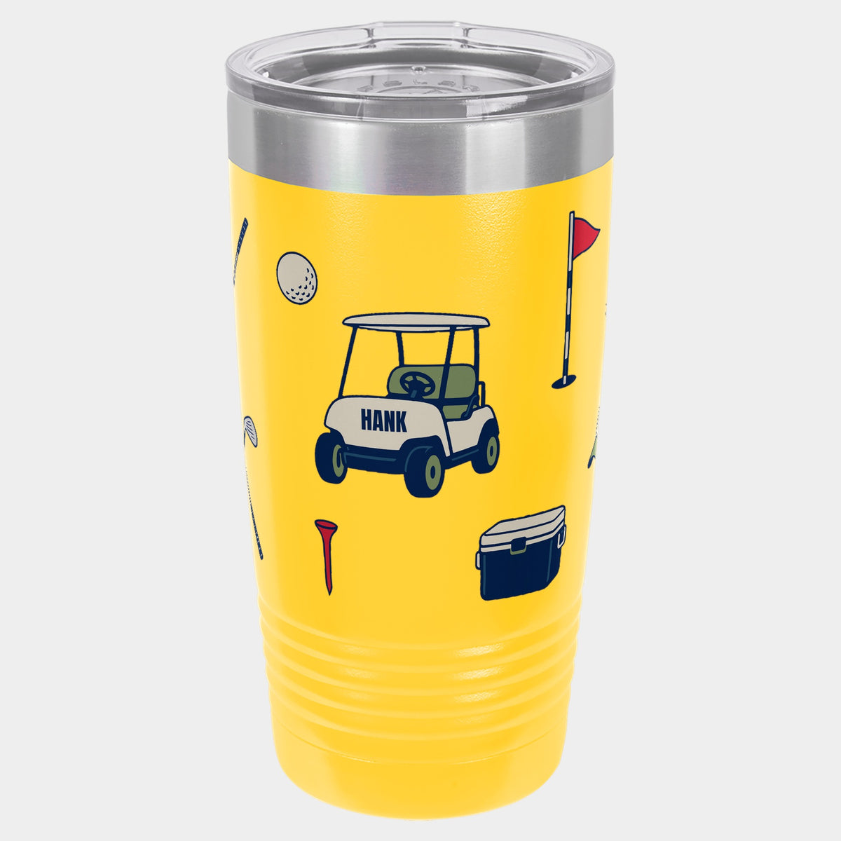 Bag Drop Cart, 20oz Polar Camel Ringneck tumbler in Yellow, navy, red, cream and sage inks, name HANK