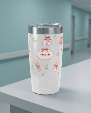 Bow Toss, L&D Nurse wrap on a white 20oz tumbler personalized Nurse Gia, a clean hospital nurses' station counter