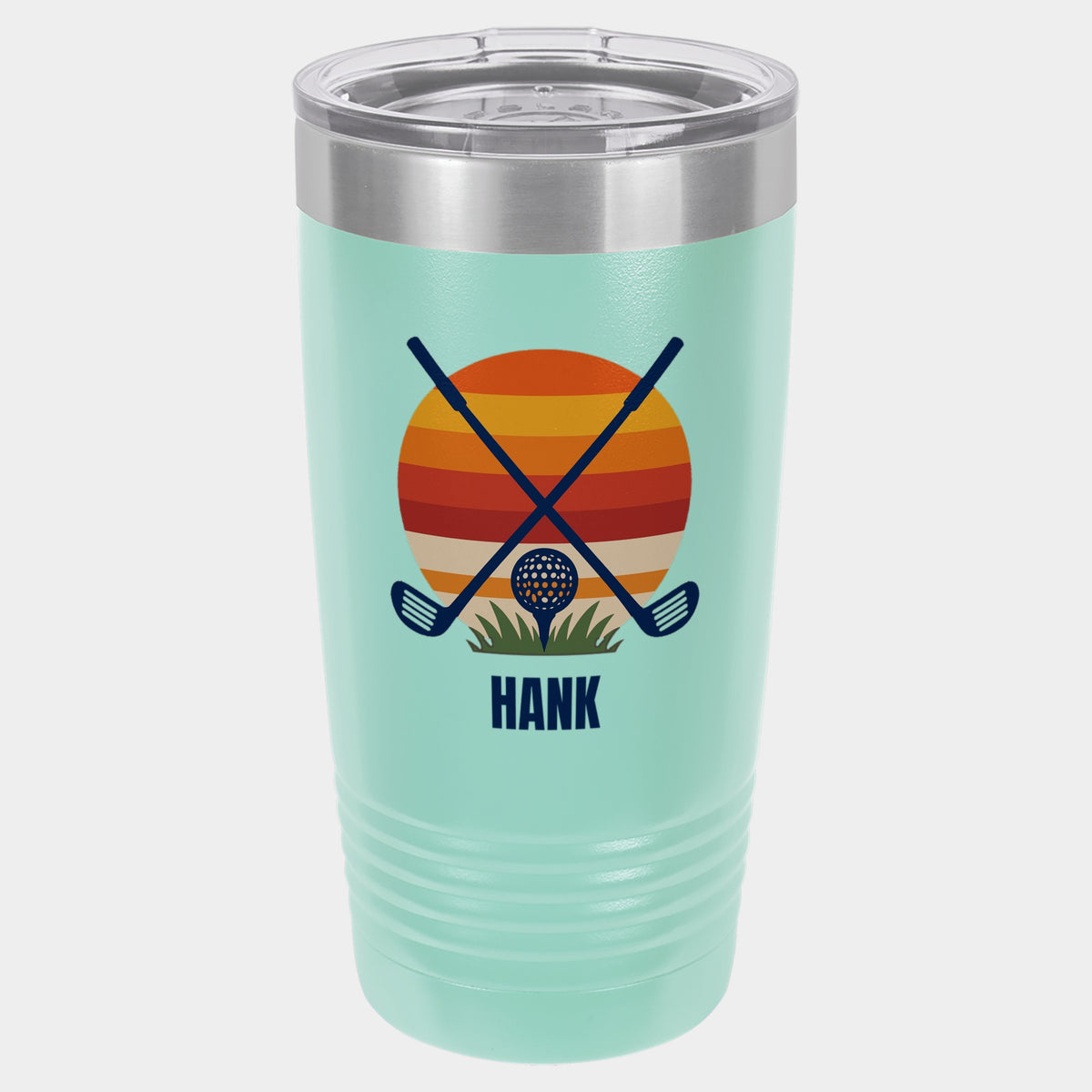 Retro Sunset Clubs, 20oz Polar Camel Ringneck tumbler in Teal, orange, gold, red and navy inks, name HANK