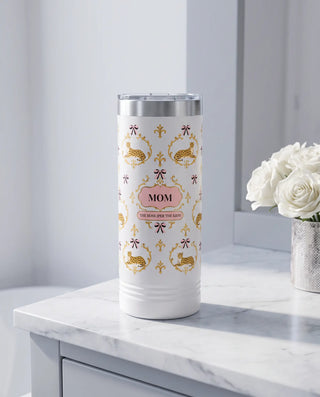 Cheetah Damask, The Boss wrap on a white 22oz Skinny tumbler personalized MOM, a marble vanity top in a softly lit dressing room