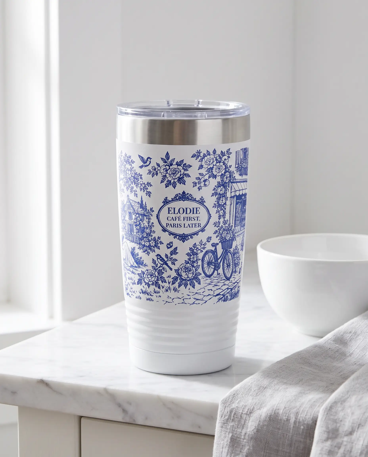 Paris Toile wrap on a white 20oz tumbler personalized ELODIE, a farmhouse kitchen counter of white marble