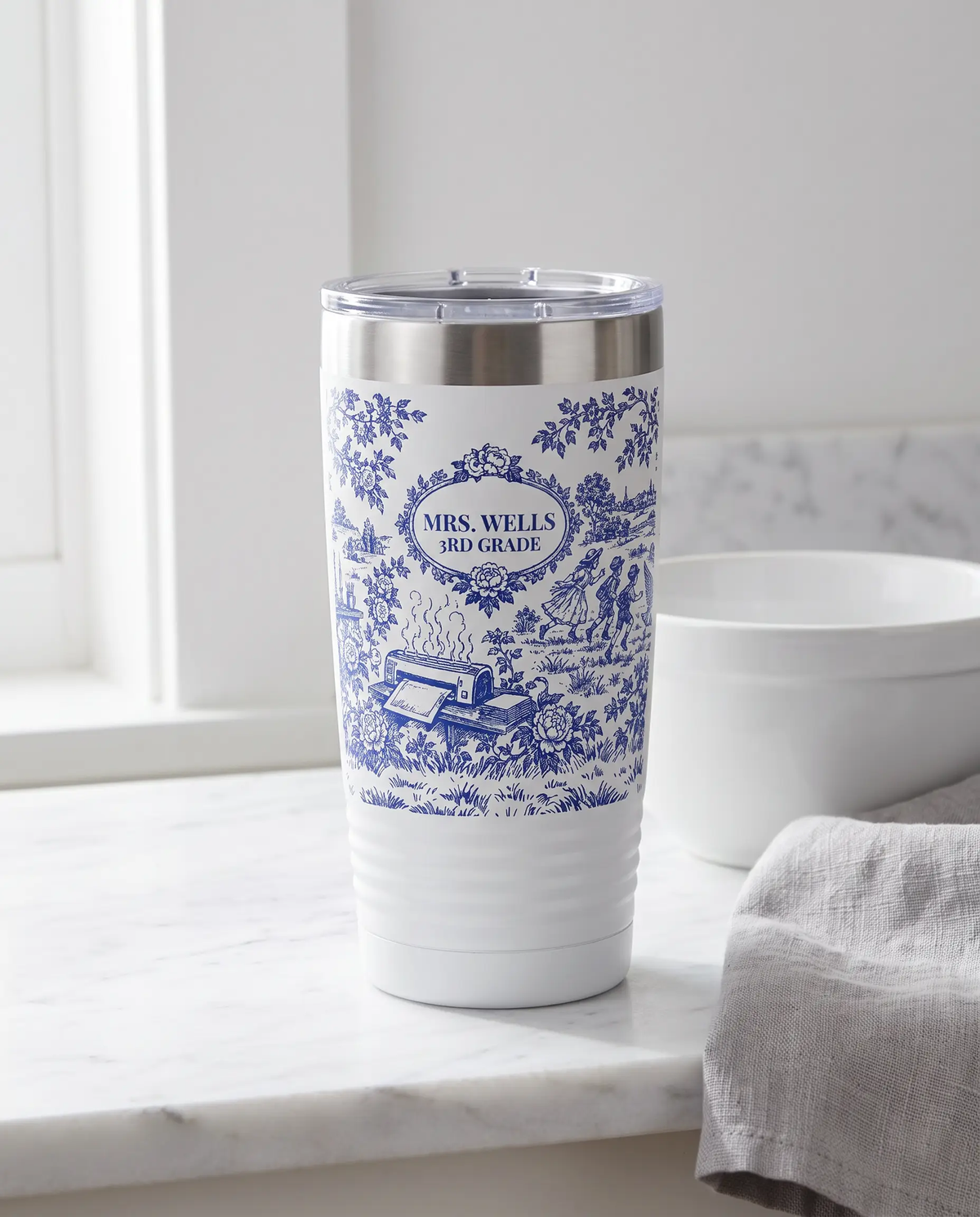 Teacher Life Toile wrap on a white 20oz tumbler personalized MRS. WELLS, 3RD GRADE, a farmhouse kitchen counter of white marble