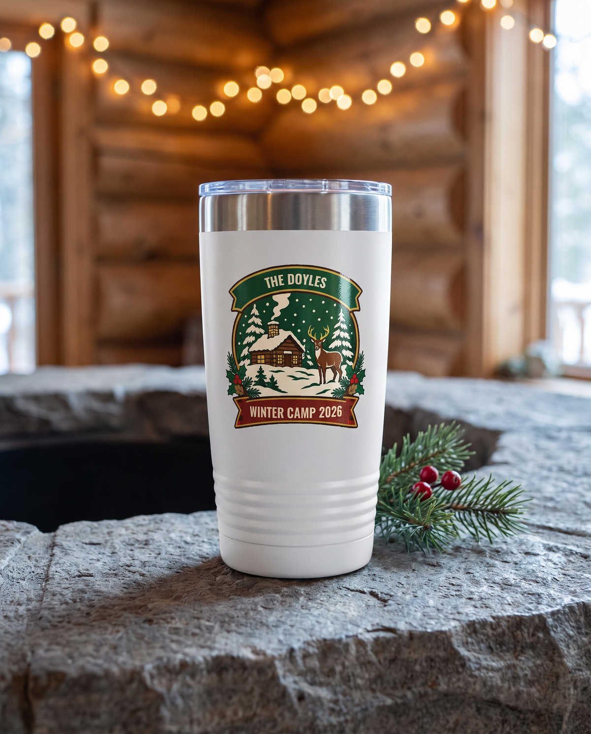 Deer Camp Winter, Snowy Cabin badge on a white 20oz tumbler personalized THE DOYLES, WINTER CAMP 2026, a stone mantel in a log cabin at Christmas
