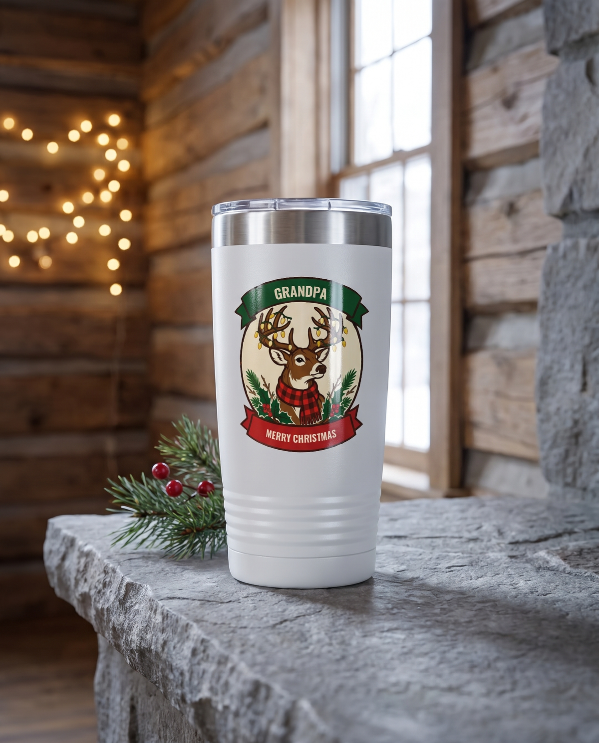 Deer Camp Christmas, String Light Buck badge on a white 20oz tumbler personalized GRANDPA, MERRY CHRISTMAS, a stone mantel in a log cabin at Christmas