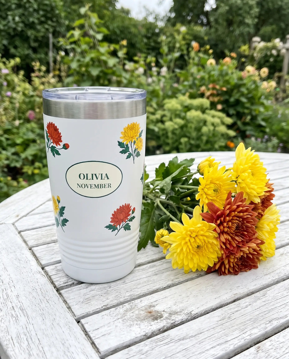 Bright Mums Flower Wrap on a white 20oz Ringneck tumbler, UV printed by Karved