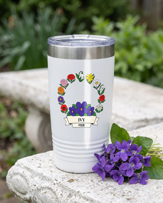 February Birth Flower Wreath on a white 20oz Ringneck tumbler, UV printed by Karved