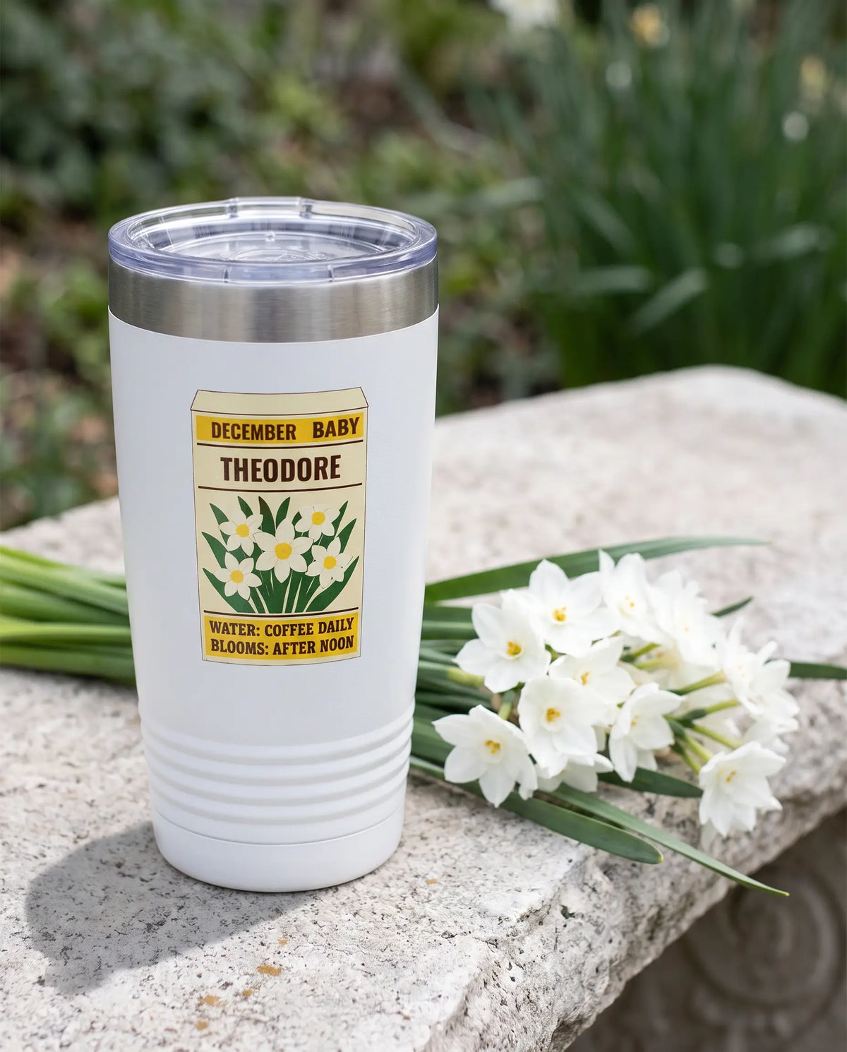 Paperwhite Seed Packet on a white 20oz Ringneck tumbler, UV printed by Karved