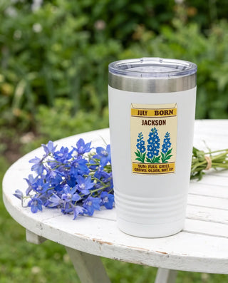 Larkspur Seed Packet on a white 20oz Ringneck tumbler, UV printed by Karved