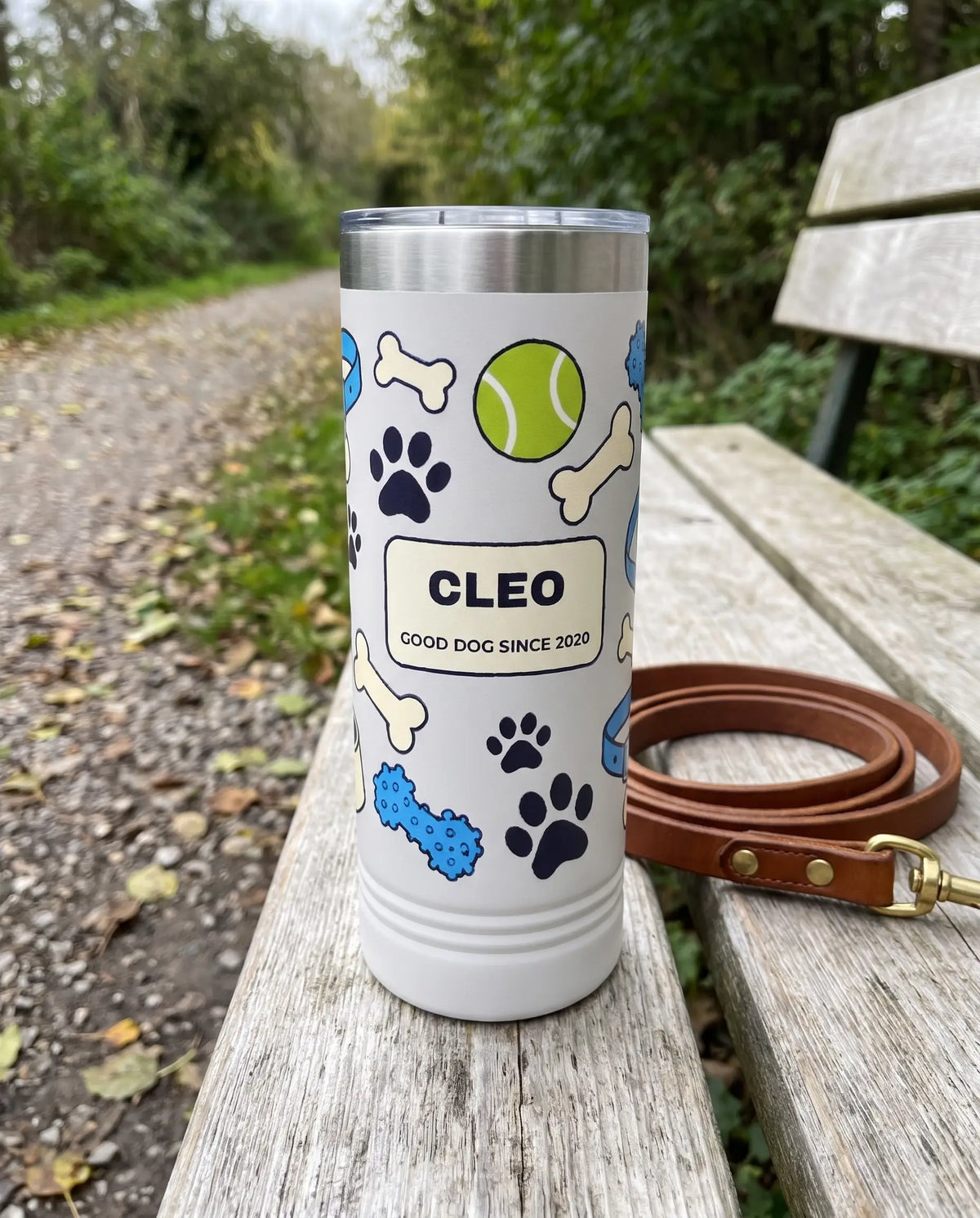 Leash And Bone Skinny on a white 22oz skinny tumbler, UV printed by Karved
