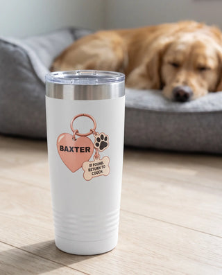 Return To Couch Tag on a white 20oz Ringneck tumbler, UV printed by Karved