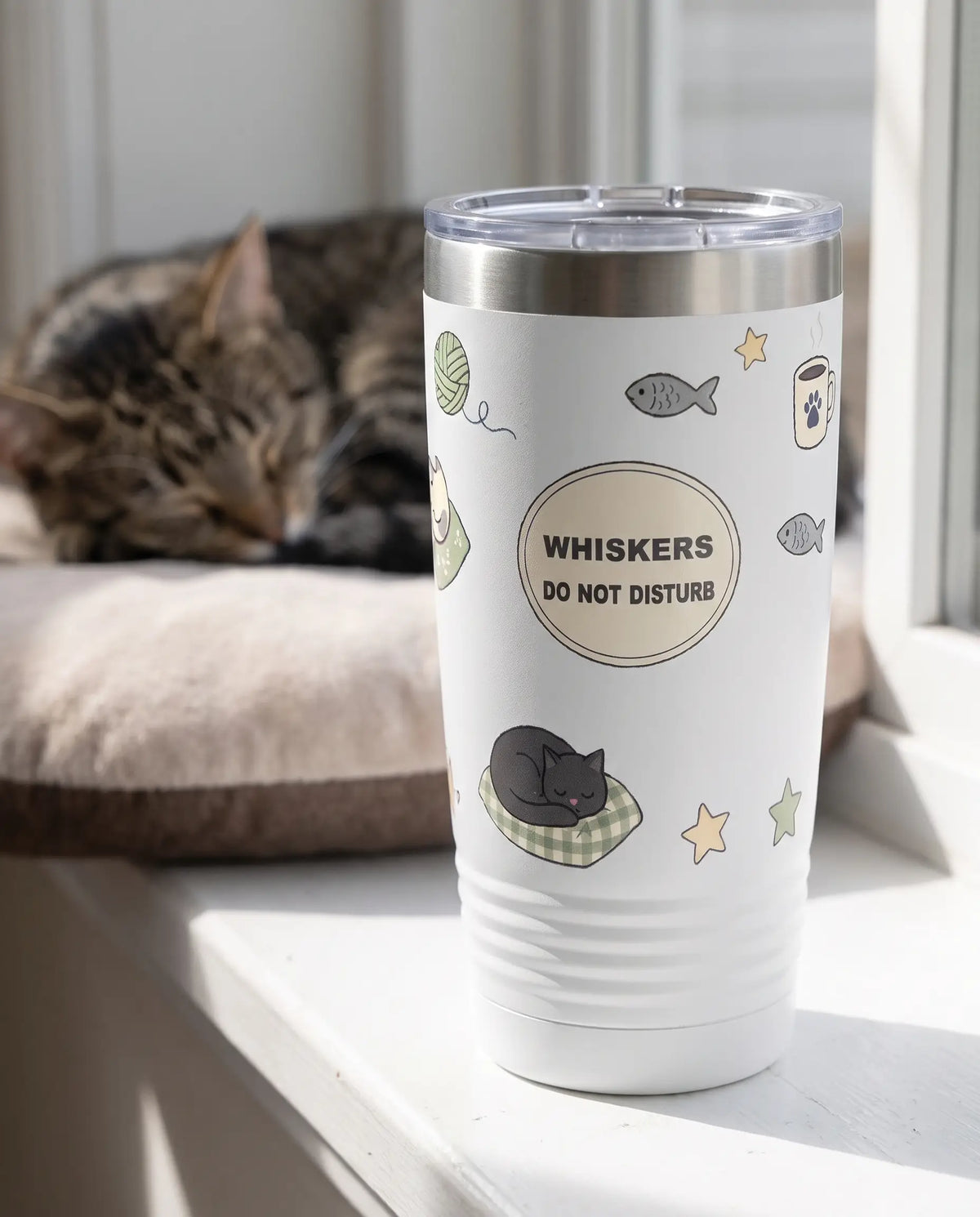 Do Not Disturb Cat Nap on a white 20oz Ringneck tumbler, UV printed by Karved
