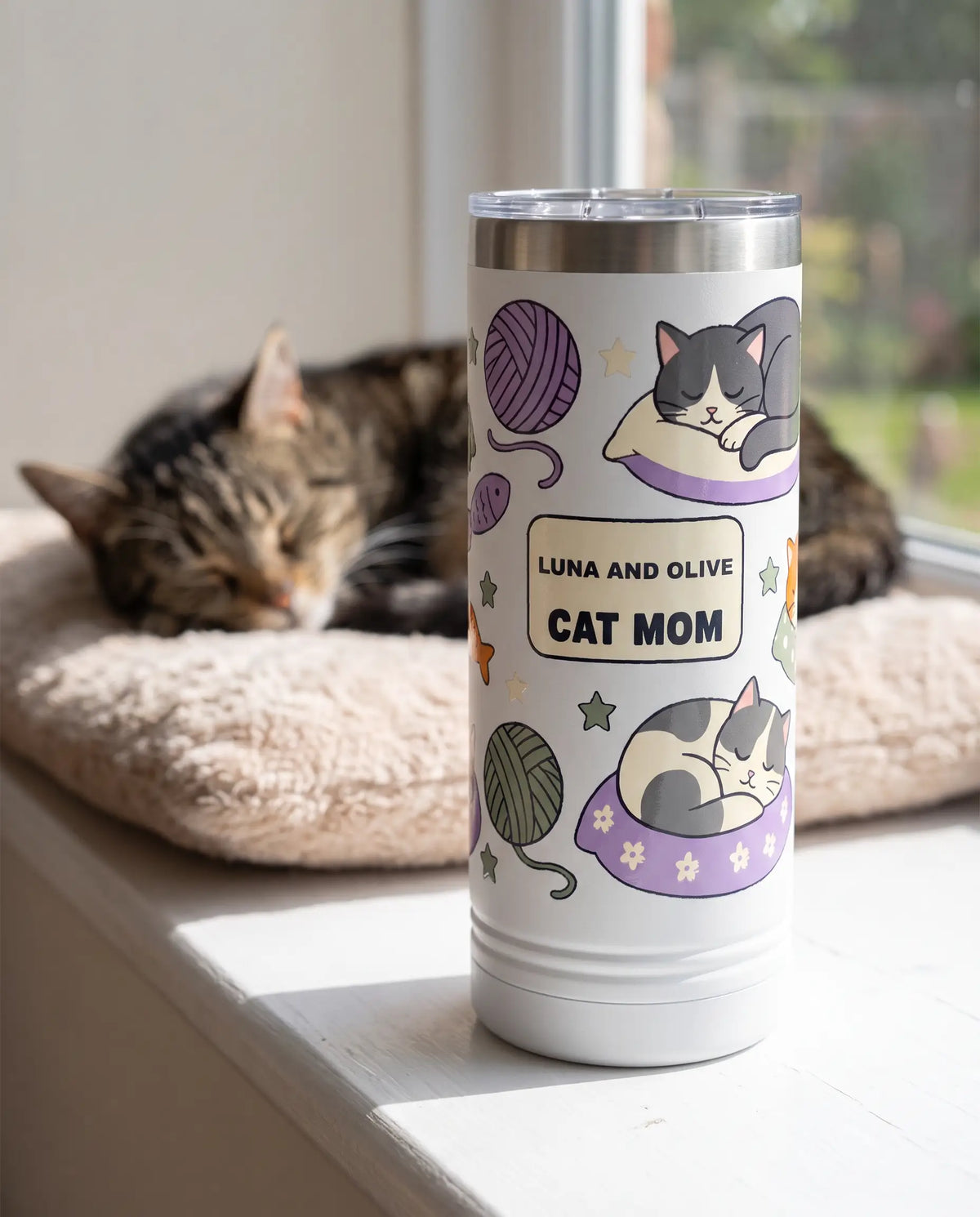 Sleepy Cats Cat Mom Skinny on a white 22oz skinny tumbler, UV printed by Karved