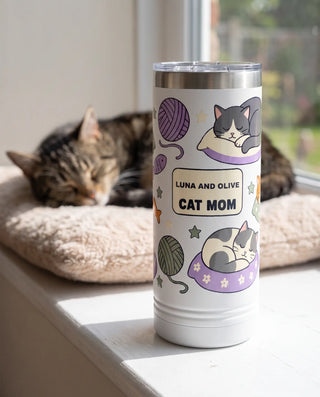 Sleepy Cats Cat Mom Skinny on a white 22oz skinny tumbler, UV printed by Karved