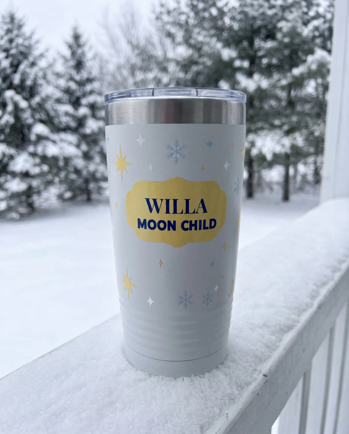 Moon Child Night Sky Wrap on a white 20oz Ringneck tumbler, UV printed by Karved