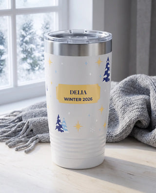 Snowy Pines Night Wrap on a white 20oz Ringneck tumbler, UV printed by Karved