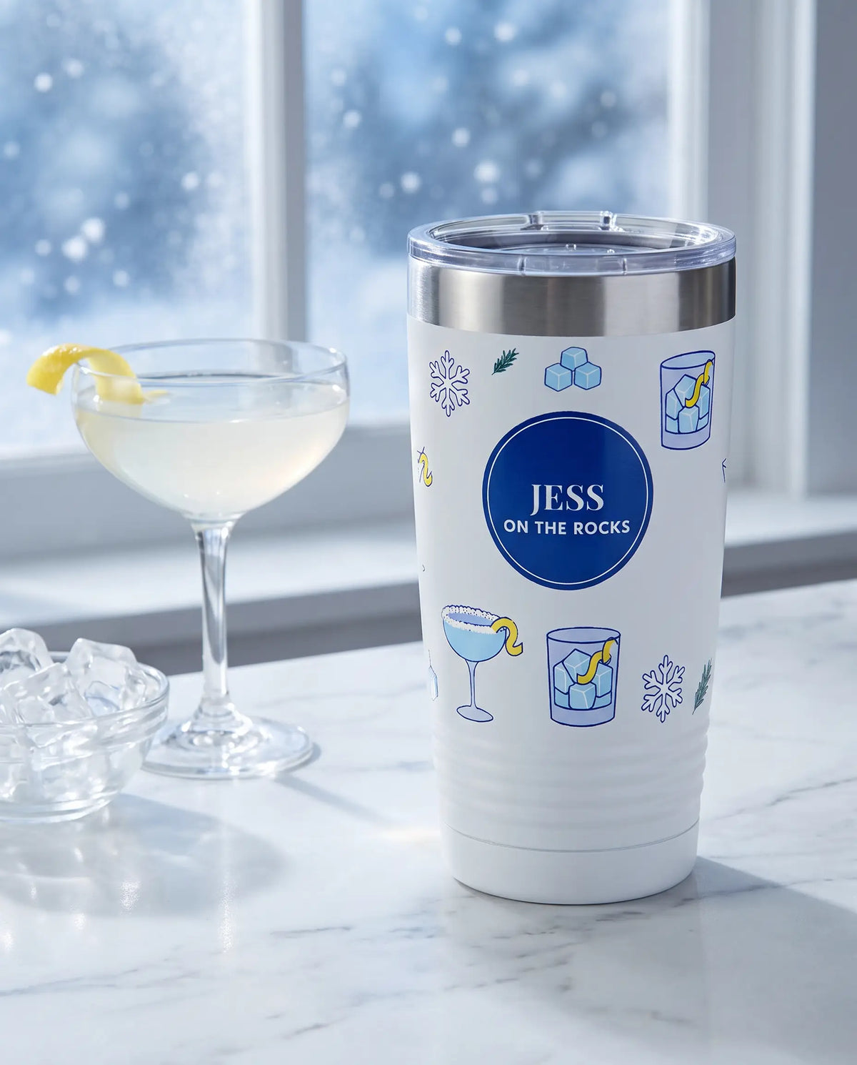 On the Rocks Wrap on a white 20oz Ringneck tumbler, UV printed by Karved