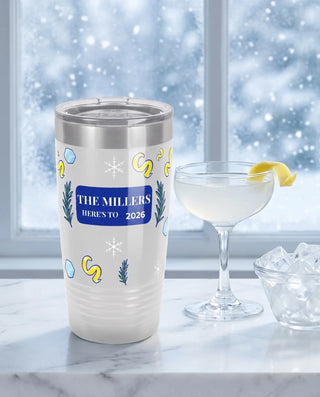 Frosty Cocktail Toast on a white 20oz Ringneck tumbler, UV printed by Karved