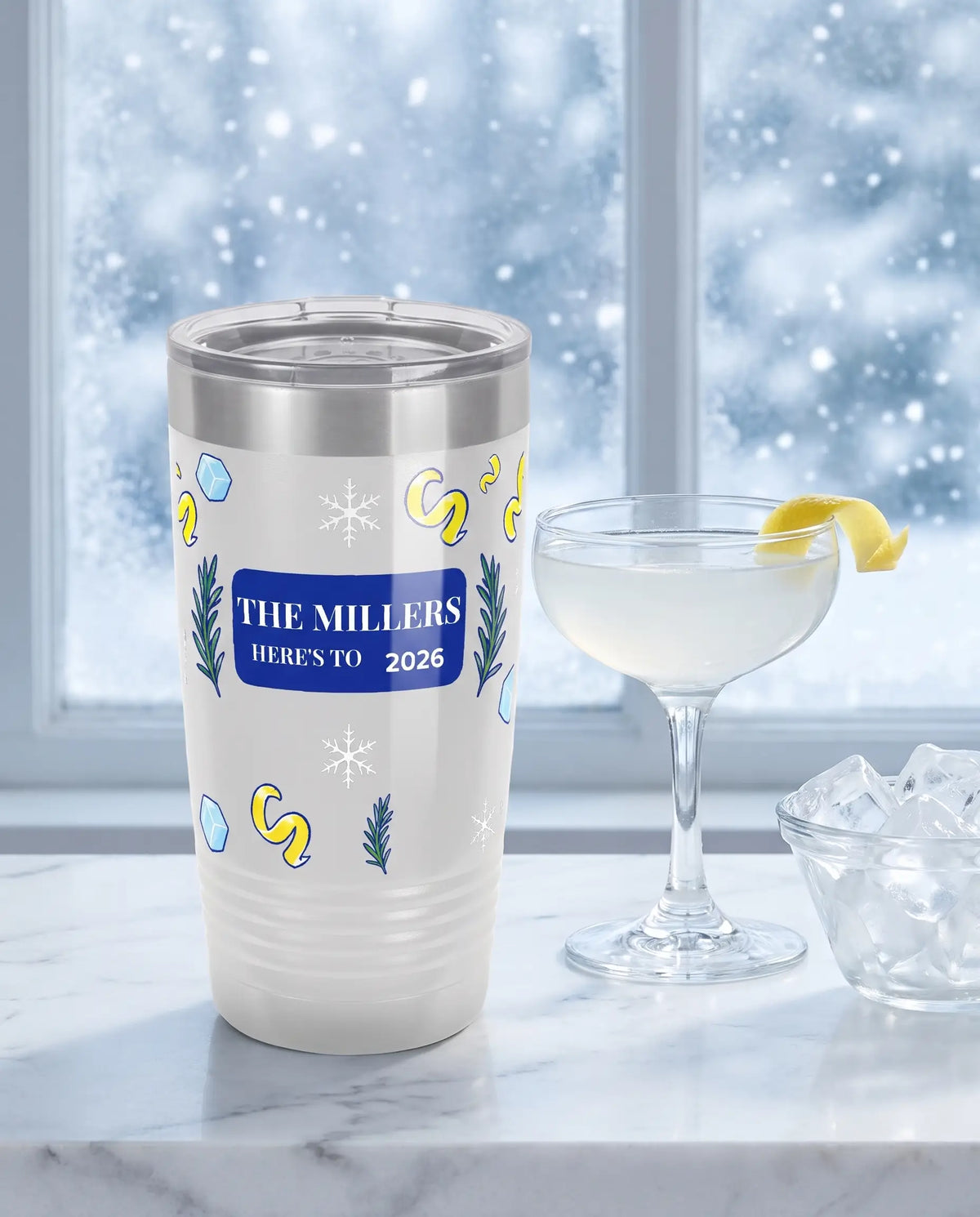 Frosty Cocktail Toast on a white 20oz Ringneck tumbler, UV printed by Karved