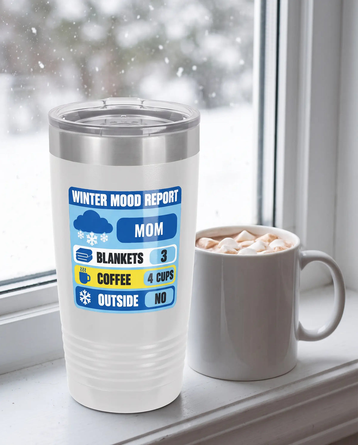 Winter Mood Report Badge on a white 20oz Ringneck tumbler, UV printed by Karved