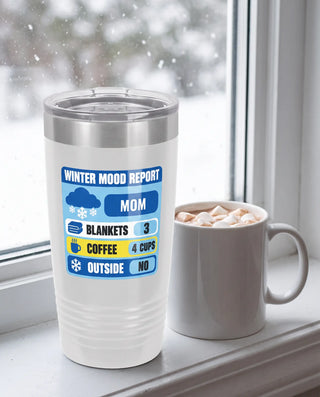 Winter Mood Report Badge on a white 20oz Ringneck tumbler, UV printed by Karved