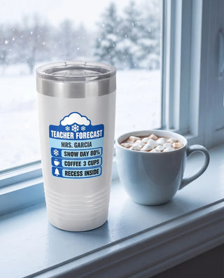 Teacher Forecast Badge on a white 20oz Ringneck tumbler, UV printed by Karved
