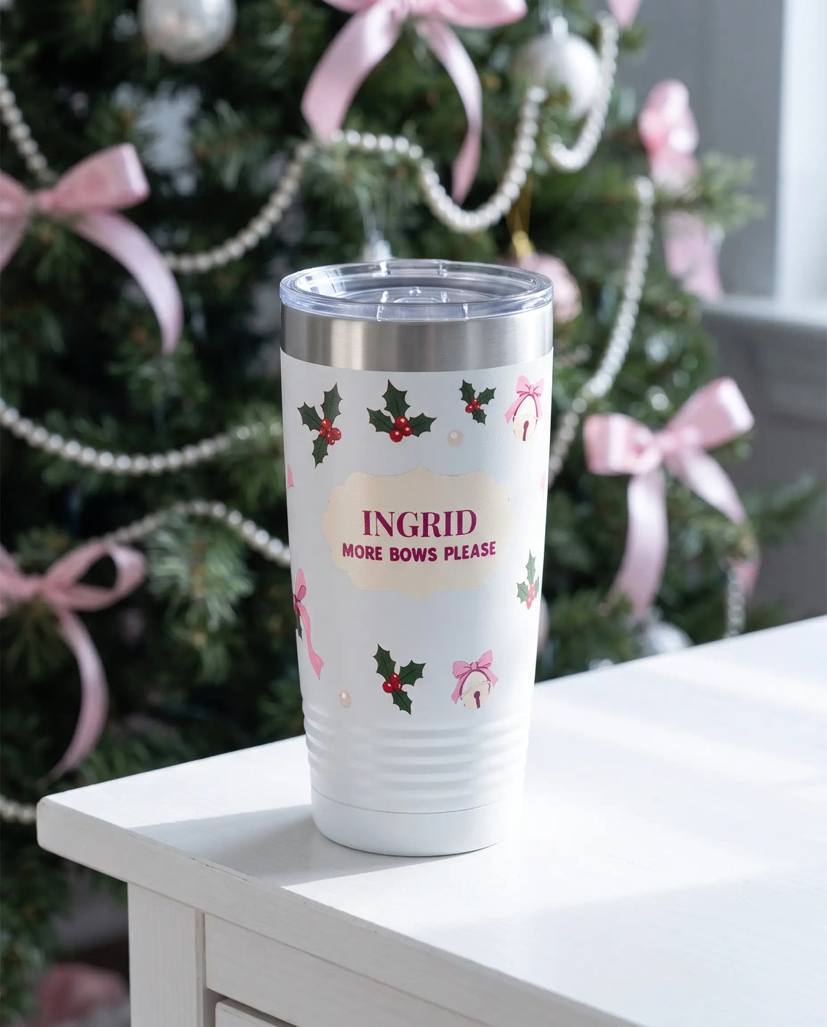 More Bows Please on a white 20oz Ringneck tumbler, UV printed by Karved