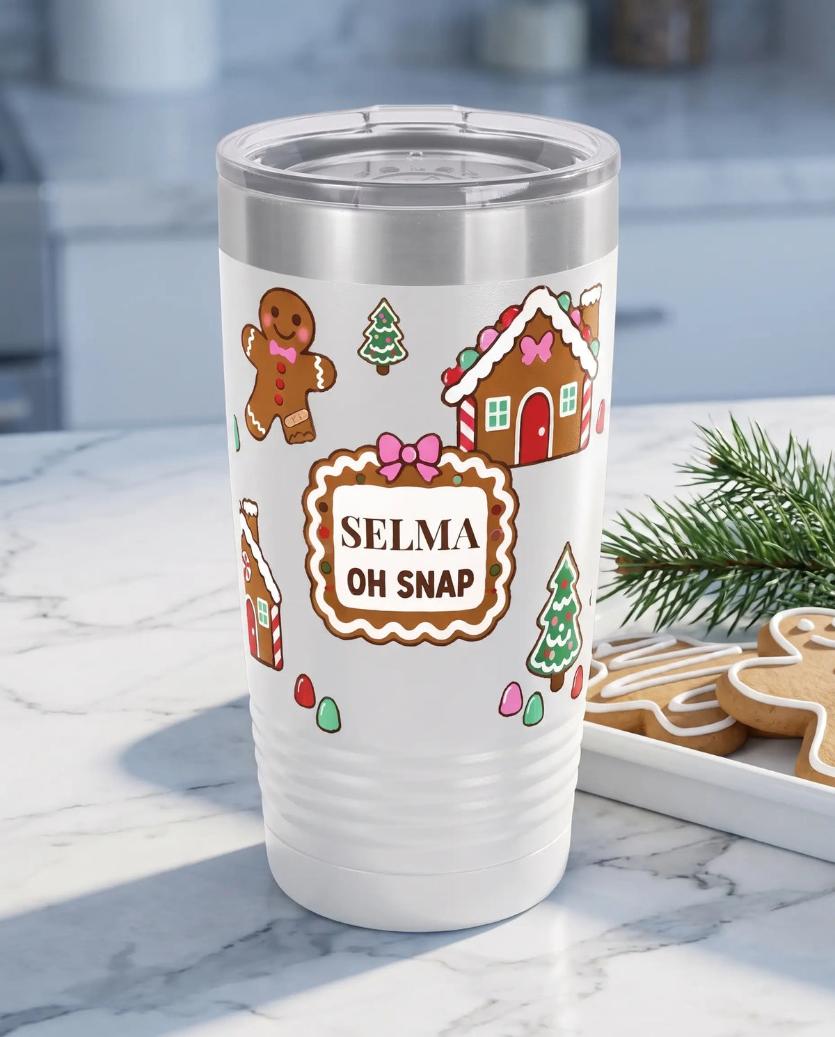 Oh Snap Gingerbread Village on a white 20oz Ringneck tumbler, UV printed by Karved