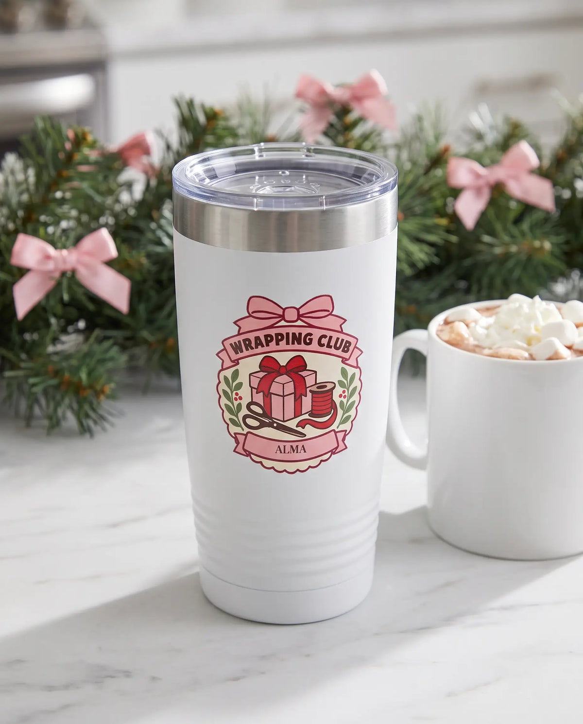 Wrapping Club Badge on a white 20oz Ringneck tumbler, UV printed by Karved