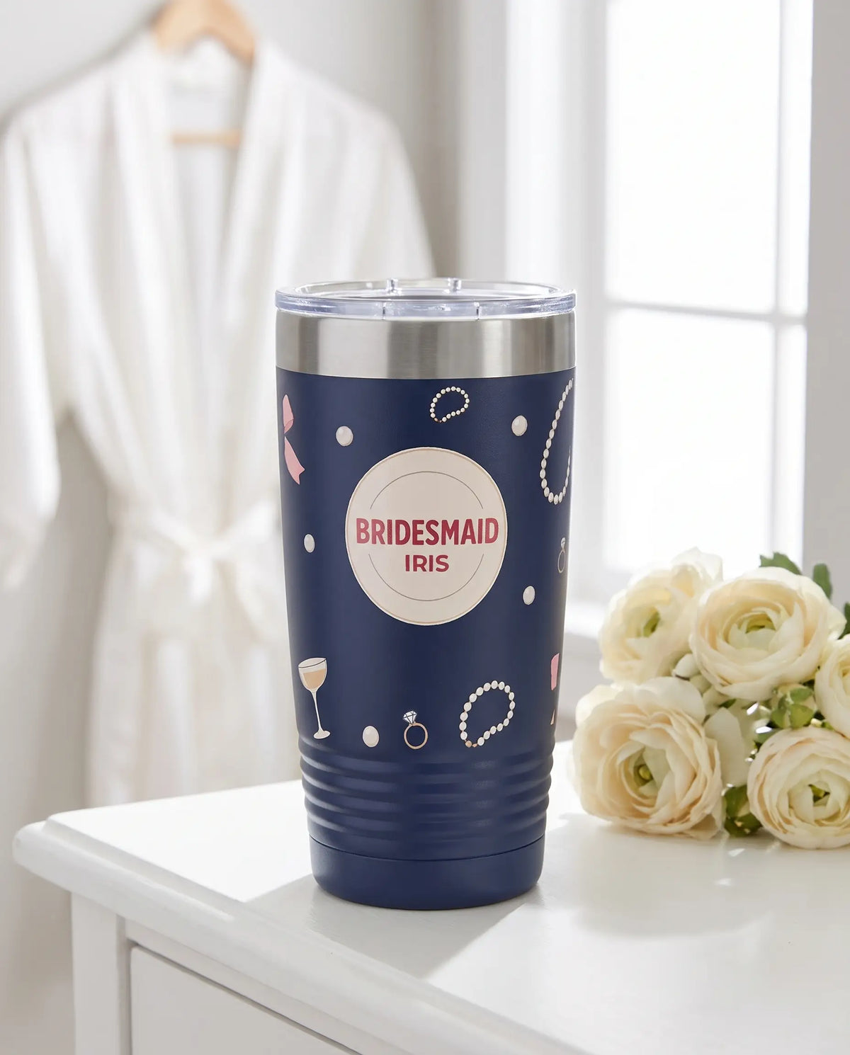 Pearls and Bows Bridesmaid on a navy 20oz Ringneck tumbler, UV printed by Karved