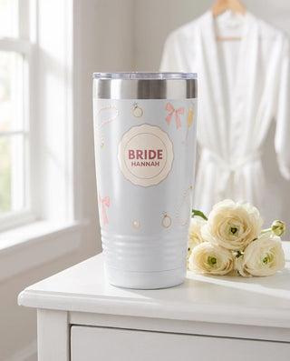 Pearls and Bows Bride on a white 20oz Ringneck tumbler, UV printed by Karved