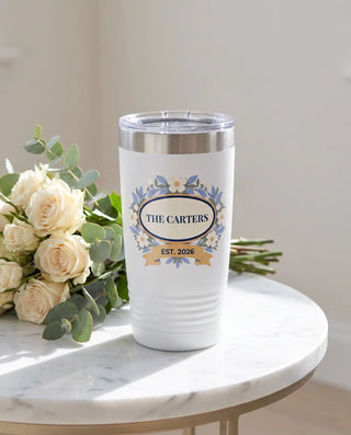 Frost Florals Oval Crest on a white 20oz Ringneck tumbler, UV printed by Karved