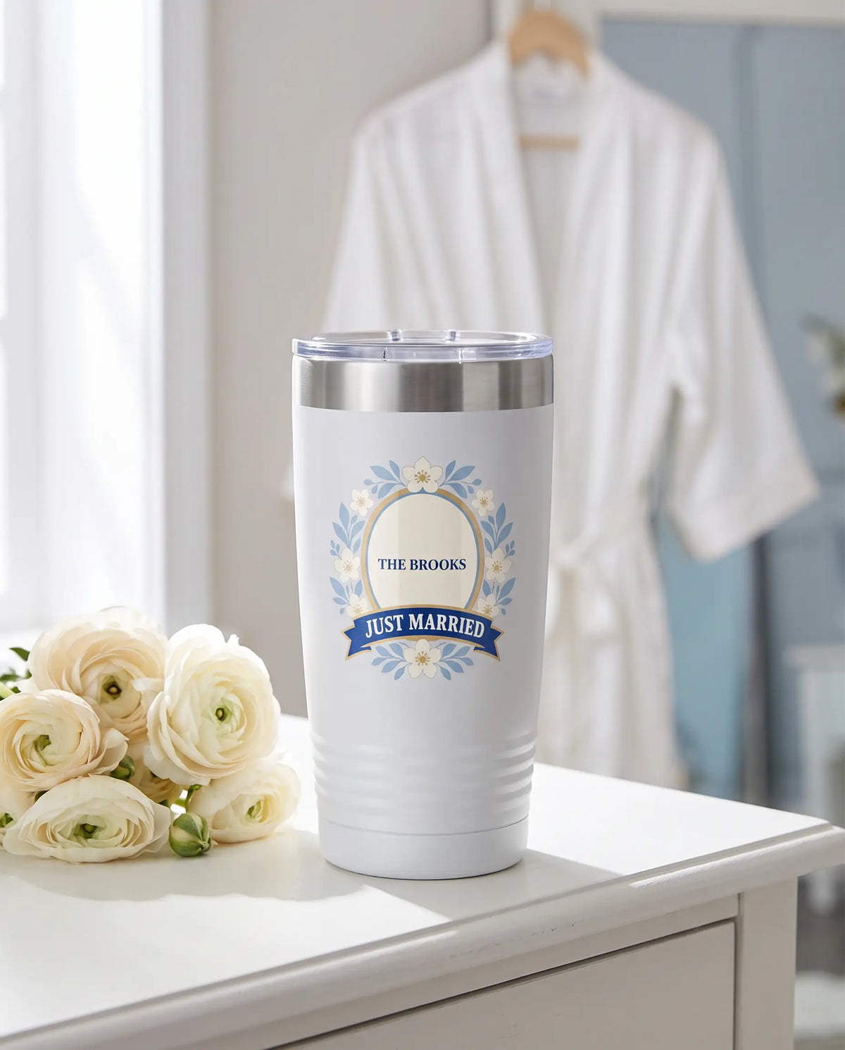 Frost Florals Just Married on a white 20oz Ringneck tumbler, UV printed by Karved