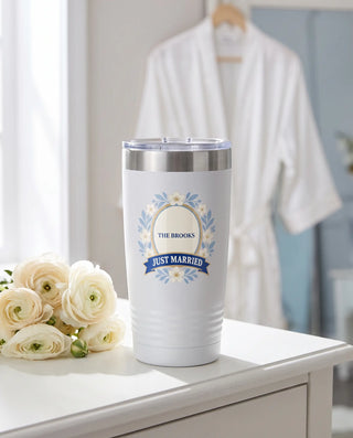 Frost Florals Just Married on a white 20oz Ringneck tumbler, UV printed by Karved