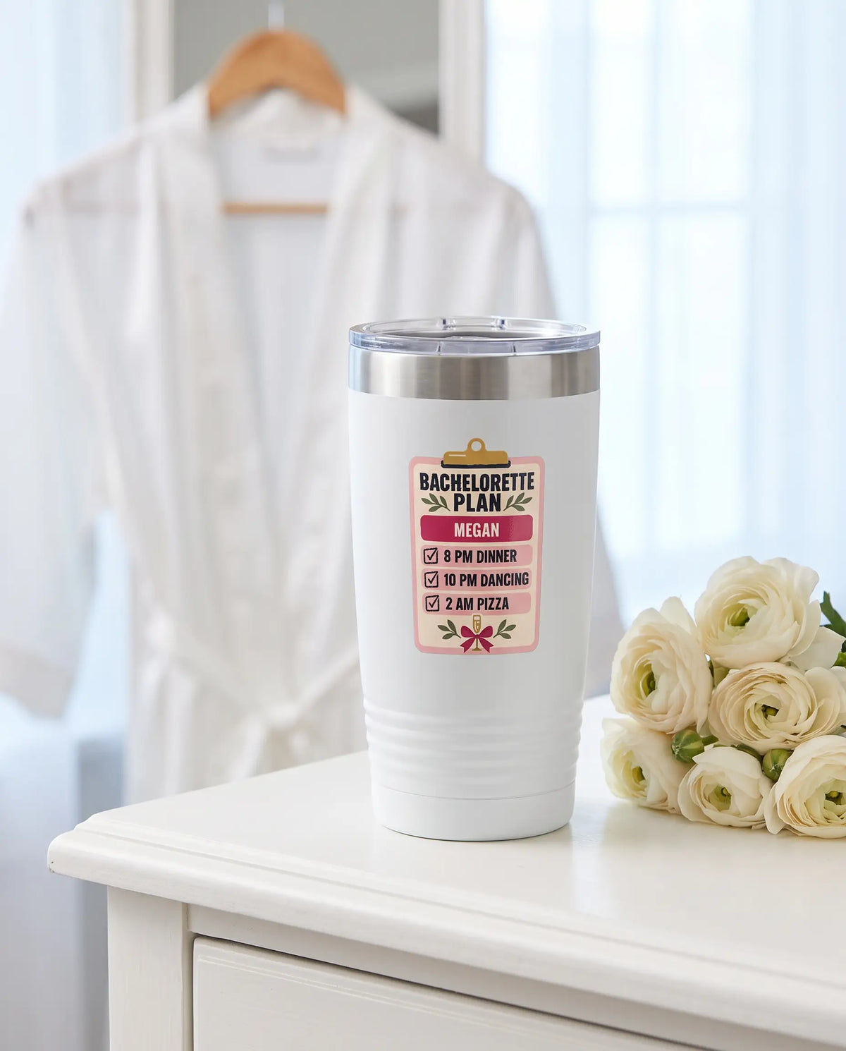 Bachelorette Plan Clipboard on a white 20oz Ringneck tumbler, UV printed by Karved