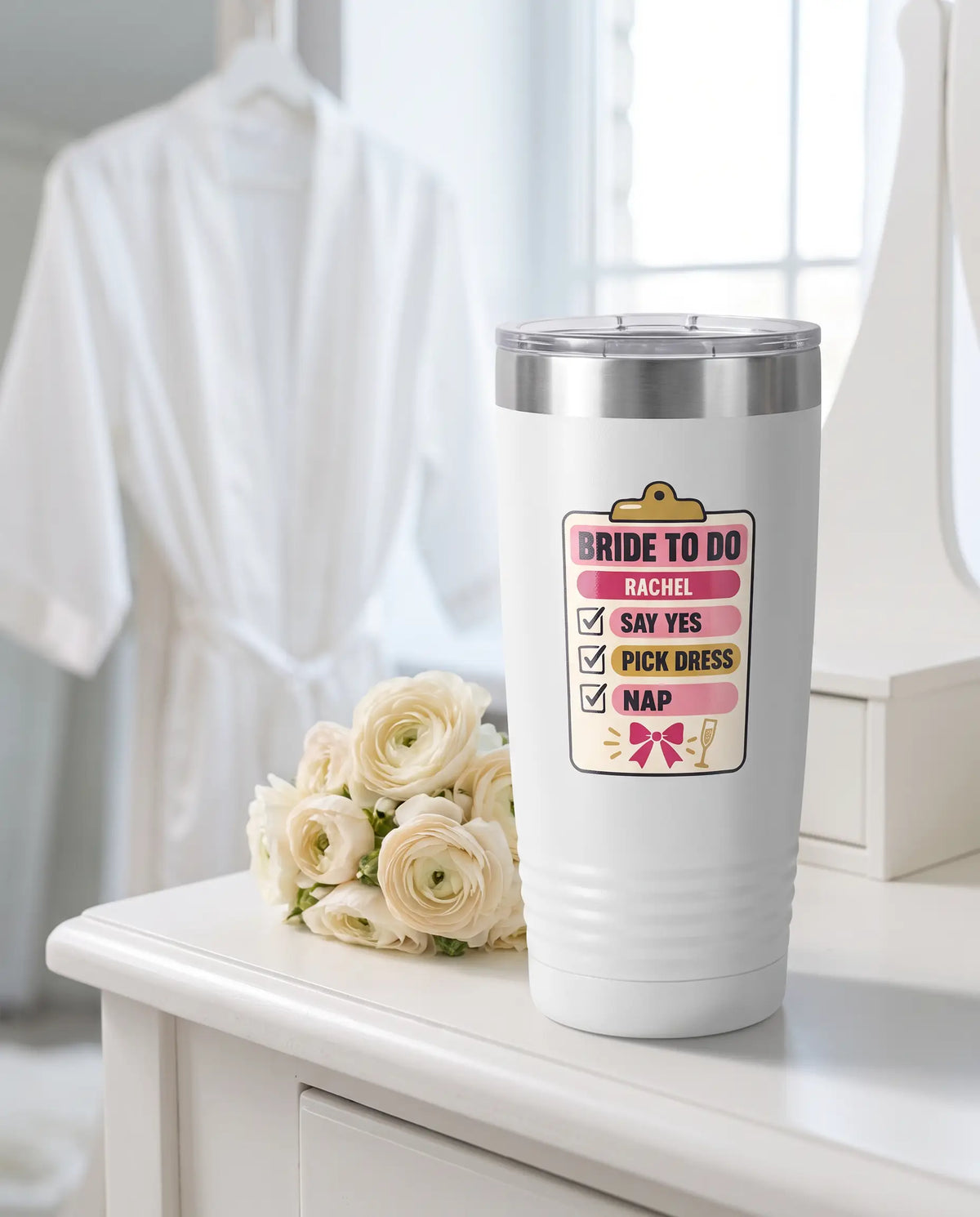 Bride To Do List on a white 20oz Ringneck tumbler, UV printed by Karved