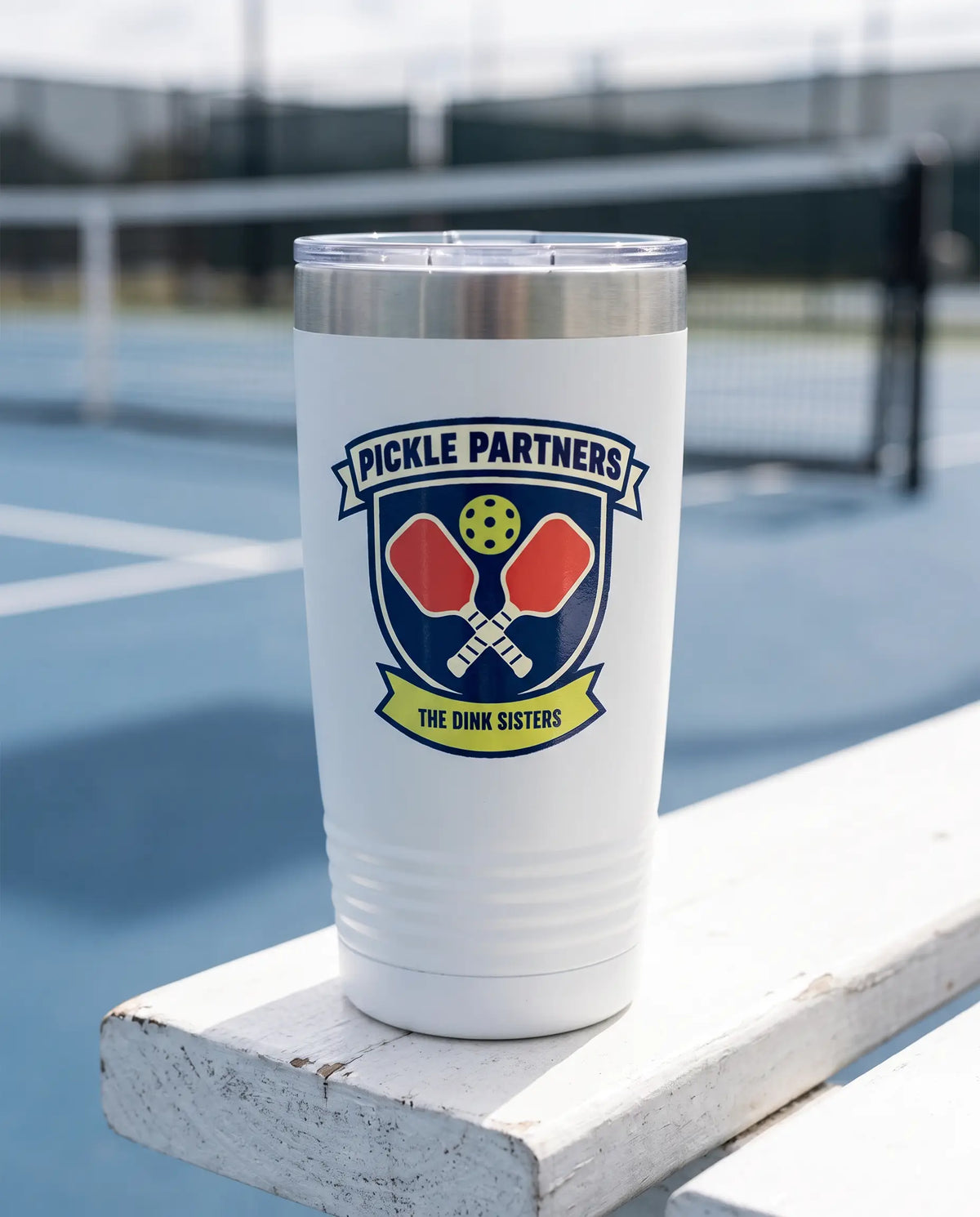 Pickle Partners Crest on a white 20oz Ringneck tumbler, UV printed by Karved