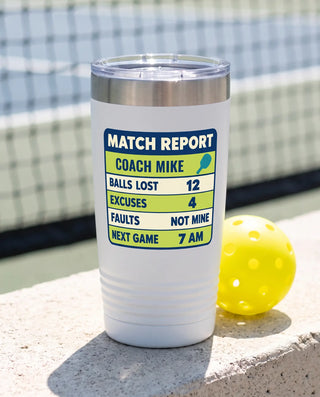 Match Report Scorecard on a white 20oz Ringneck tumbler, UV printed by Karved