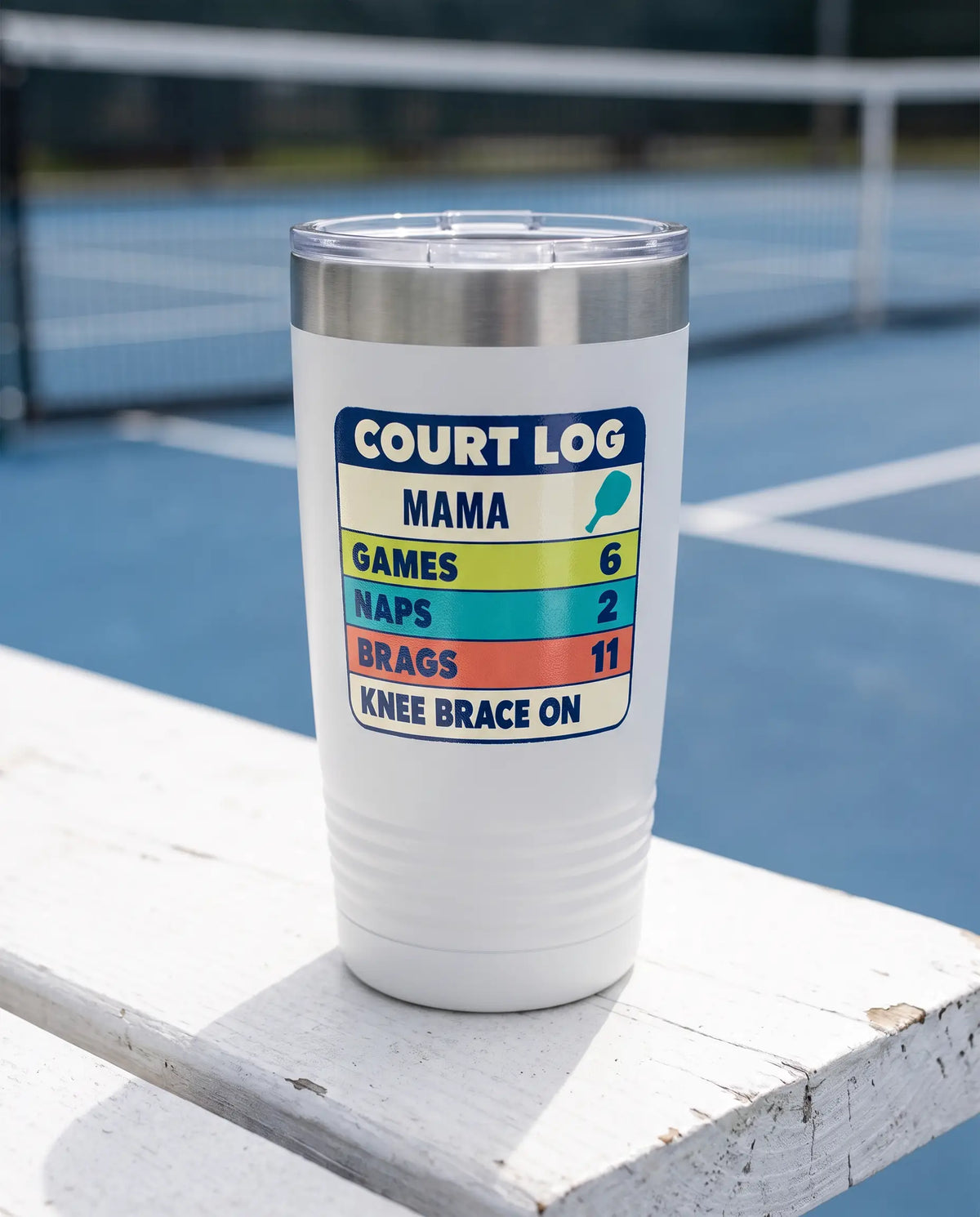 Court Log Scorecard on a white 20oz Ringneck tumbler, UV printed by Karved