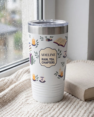 Rainy Window Reads on a white 20oz Ringneck tumbler, UV printed by Karved