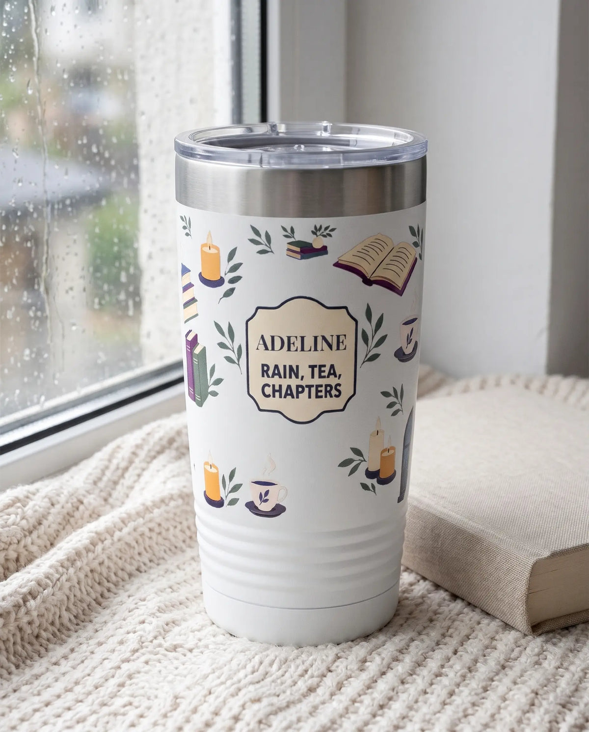 Rainy Window Reads on a white 20oz Ringneck tumbler, UV printed by Karved
