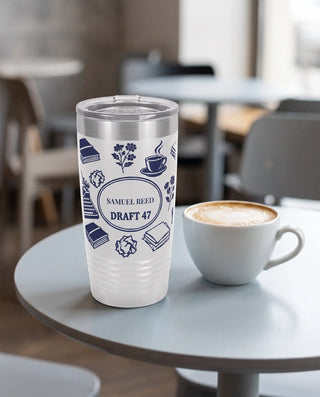 Draft 47 Typewriter on a white 20oz Ringneck tumbler, UV printed by Karved