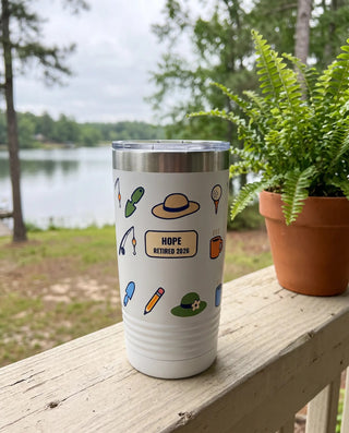 Retired 2026 on a white 20oz Ringneck tumbler, UV printed by Karved