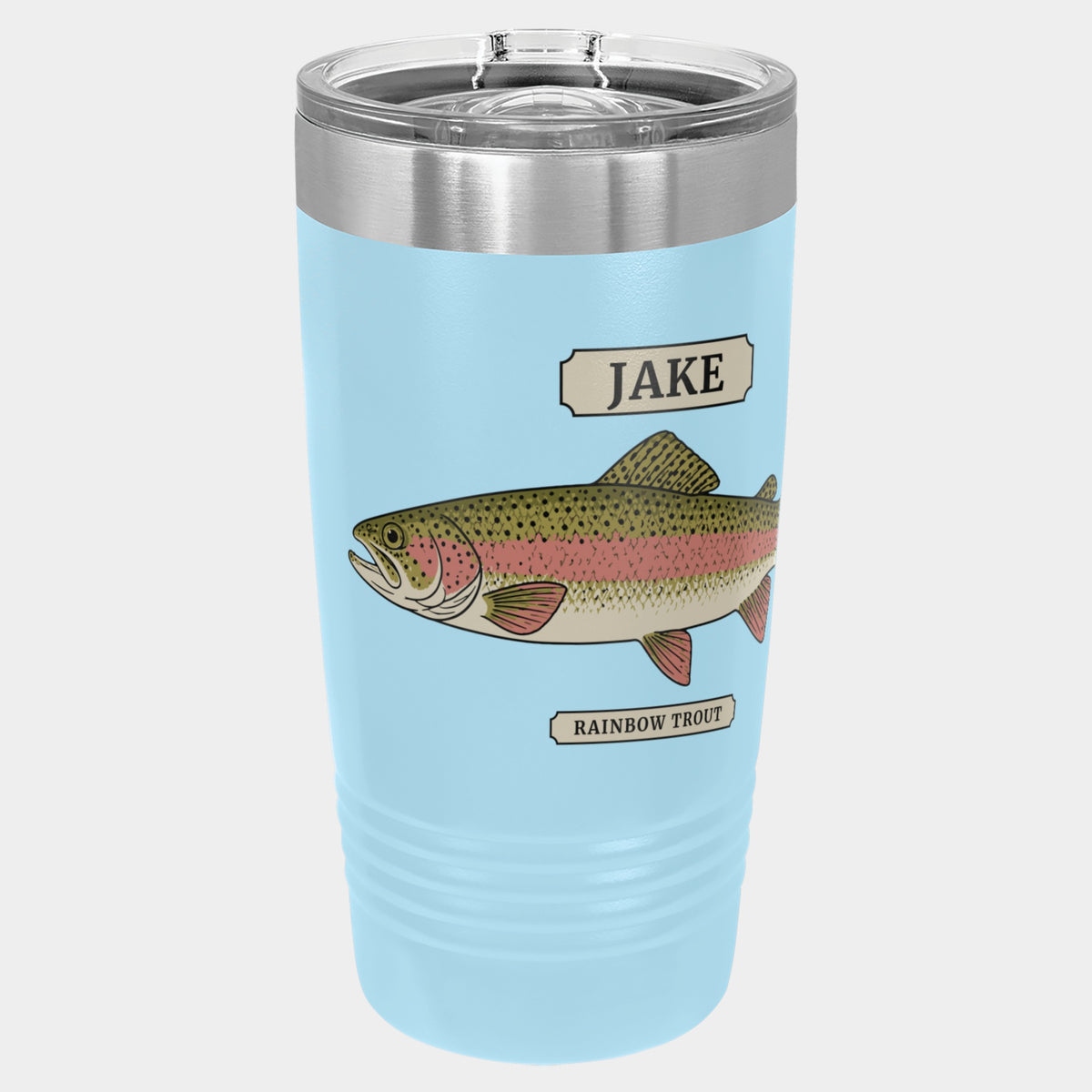 Field Guide Rainbow Trout, 20oz Polar Camel Ringneck tumbler in Light Blue, olive and pink inks, name JAKE