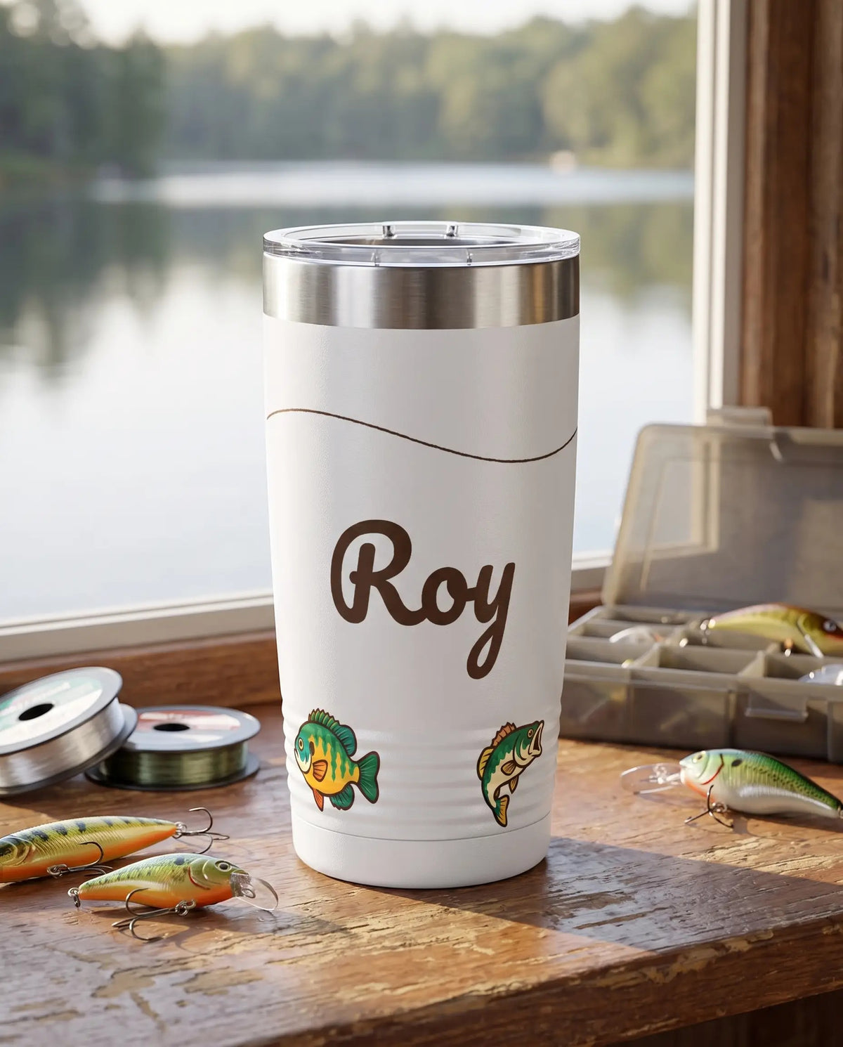 Retro Fishing Line art printed around a 20oz Ringneck tumbler in White, sample name ROY