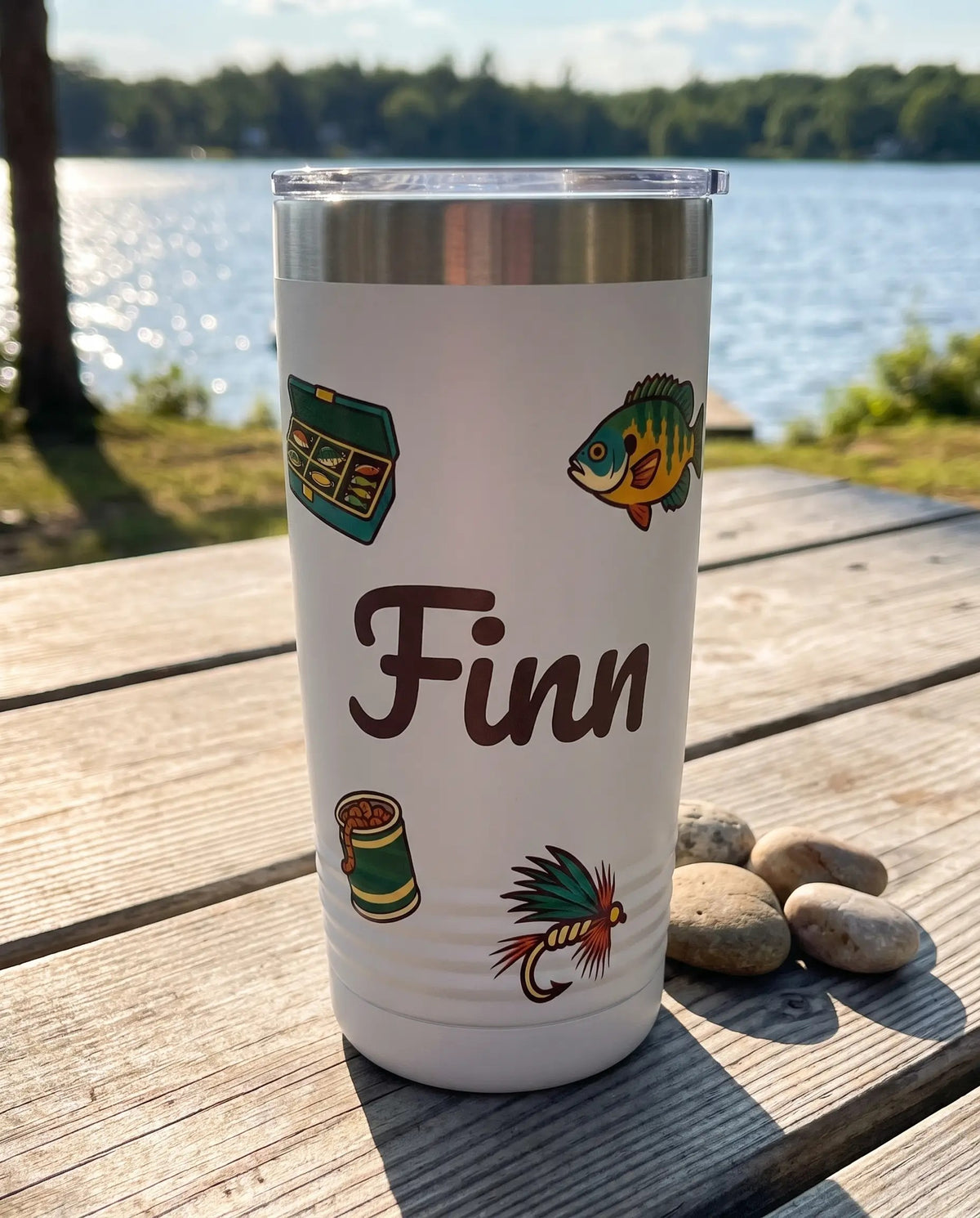 Retro Tackle Stickers art printed around a 20oz Ringneck tumbler in White, sample name FINN