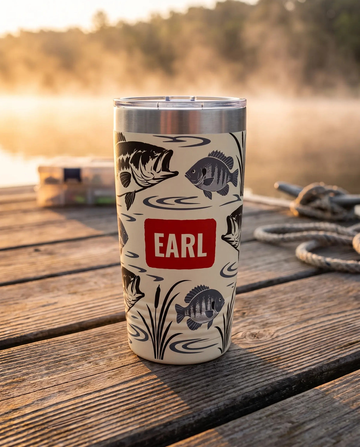 Gyotaku Bass and Bluegill art printed all the way around a 20oz Ringneck tumbler, sample name EARL