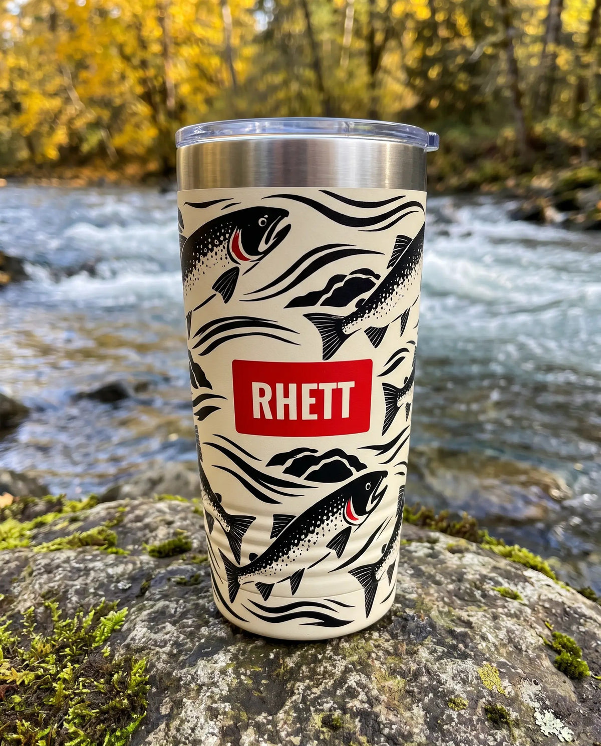 Gyotaku Steelhead Run art printed all the way around a 20oz Ringneck tumbler, sample name RHETT